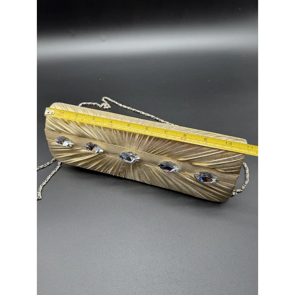 Gold Evening Clutch Purse Rhinestone Crystal Pleated Chain Strap Formal